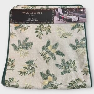 Tahari Home Table Runner‎ Pinecone Leaf Green Gold Metallic Holiday Christmas
